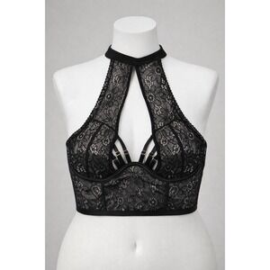 Victoria's Secret Wildflower Lace Halter Unlined Bra Large Black Choker Harness